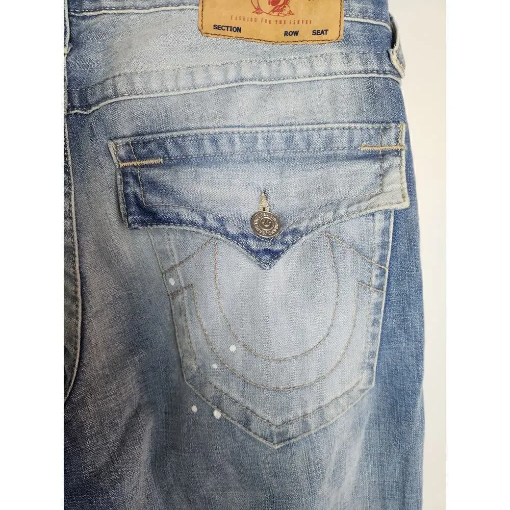 True Religion Mens Ricky Relaxed Straight Flap Jeans sz 32×33 factory distressed